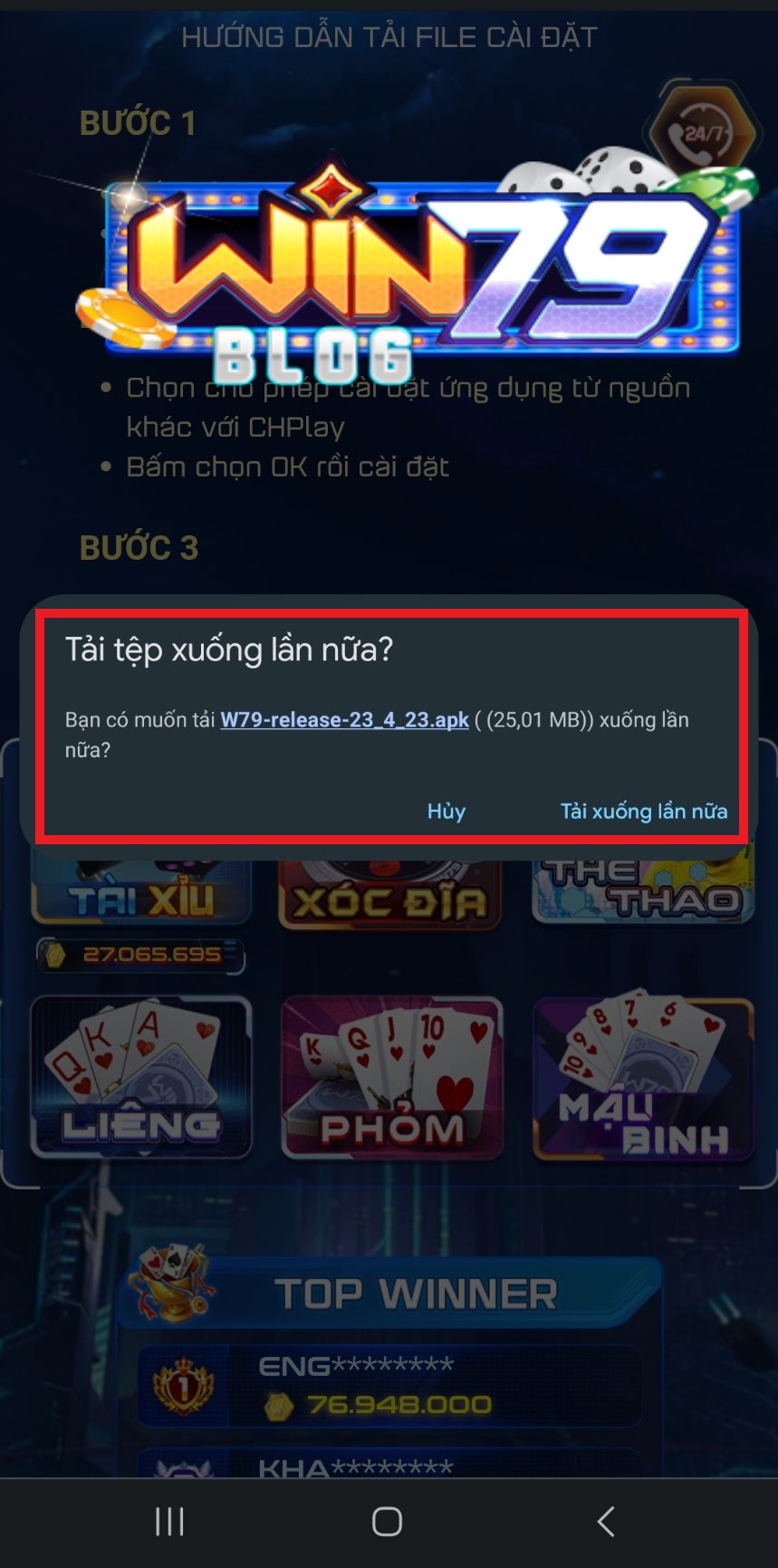 Tải file đuôi *.apk do trang chủ Win79 cung cấp 