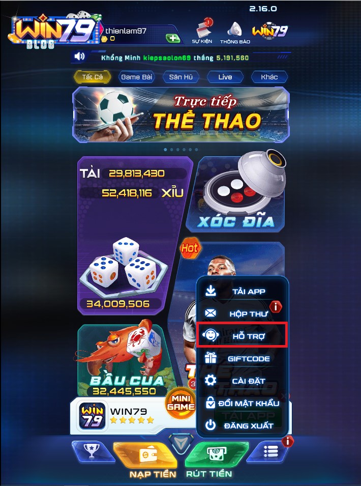 Chọn Hỗ Trợ trên Win79